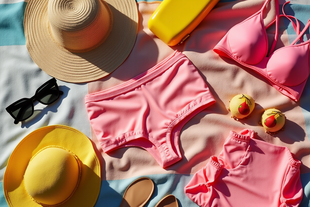 Accessoires de plage colorés disposés sur une serviette ensoleillée