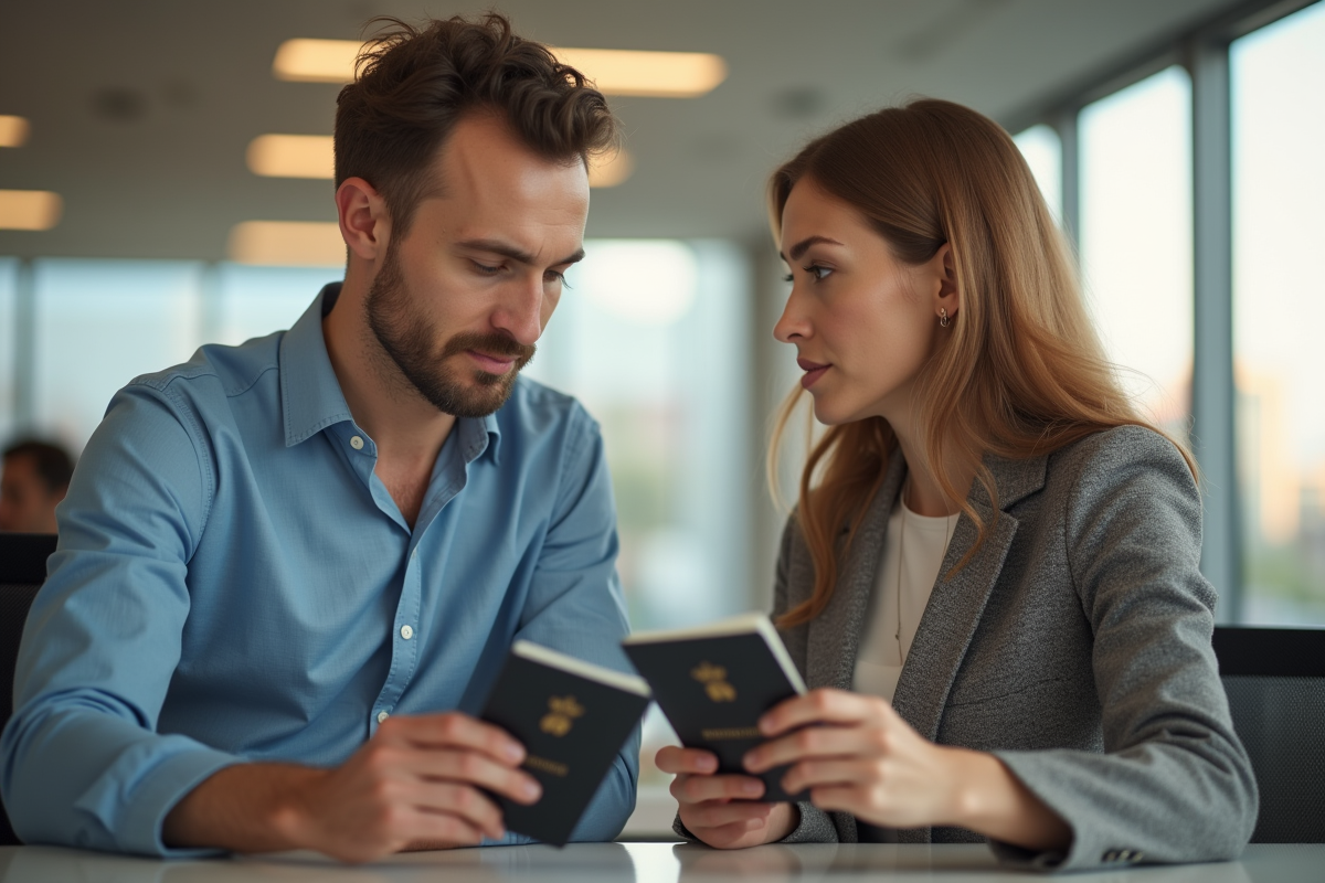 Un couple examine un permis de conduire international à l'agence de voyage
