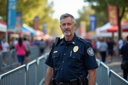 Agent de s&eacute;curit&eacute; en uniforme &agrave; Fresno Fair v&eacute;rifiant des sacs