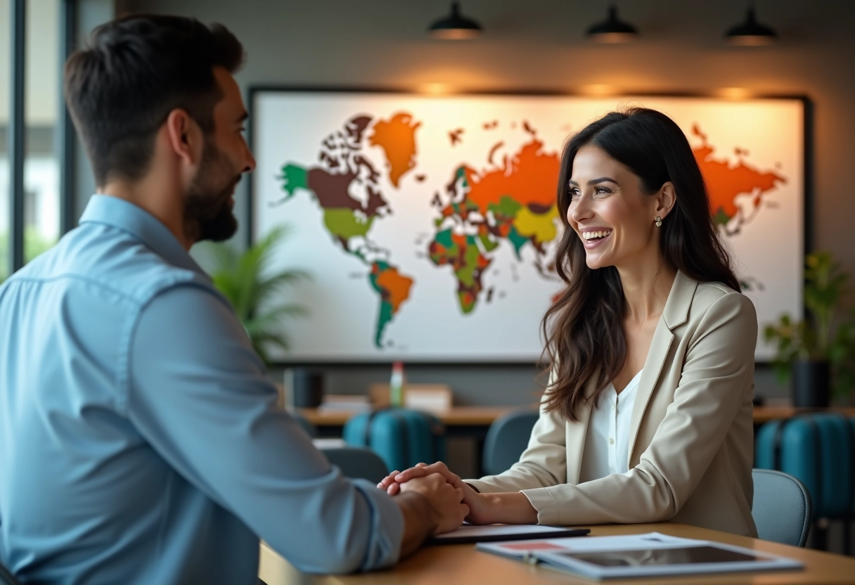 Agent de voyage accueillant un couple dans une agence moderne