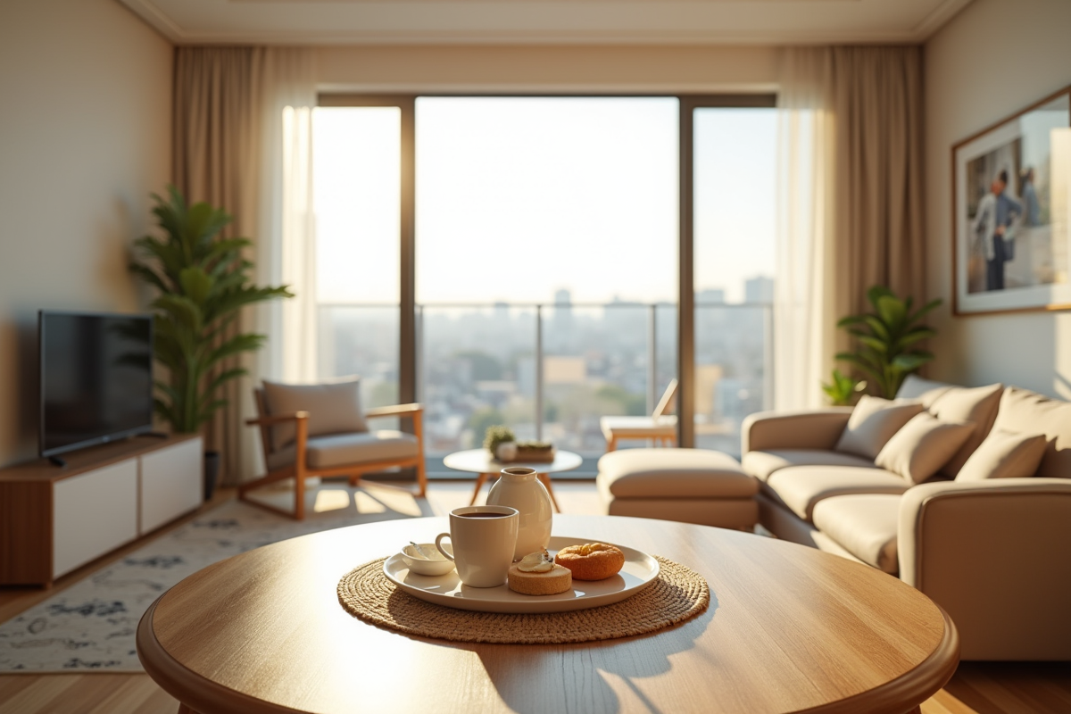 Salon lumineux d un appartement moderne avec vue sur la ville