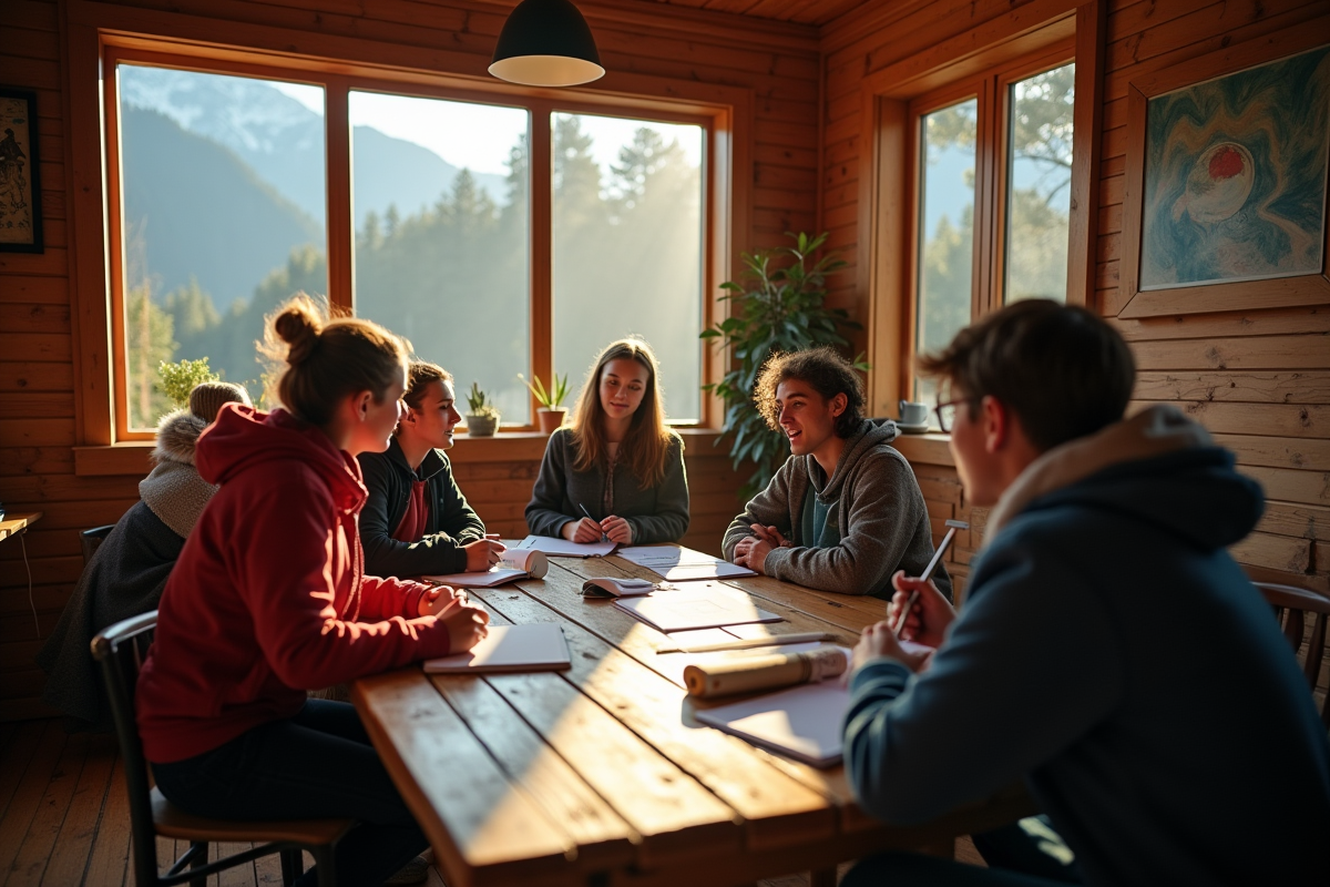 Salle commune chaleureuse dans une auberge patagonienne
