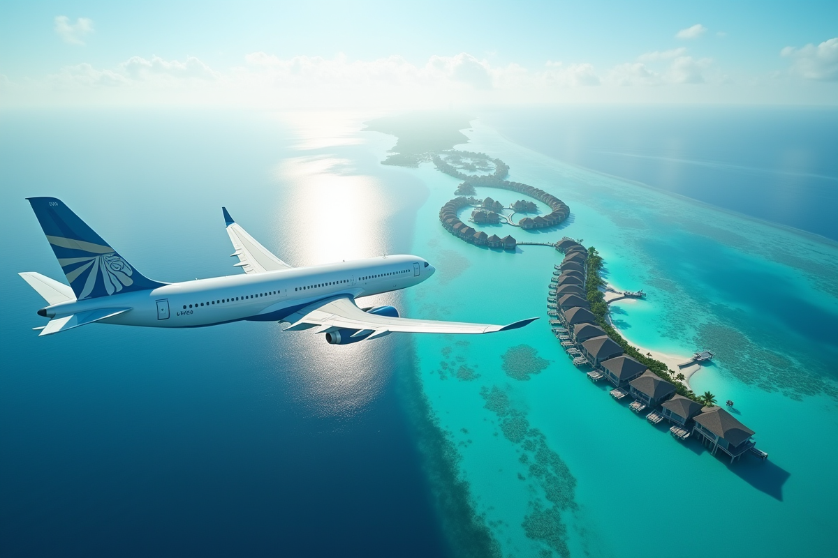 Avion volant au-dessus des lagons turquoise et bungalows de Tahiti