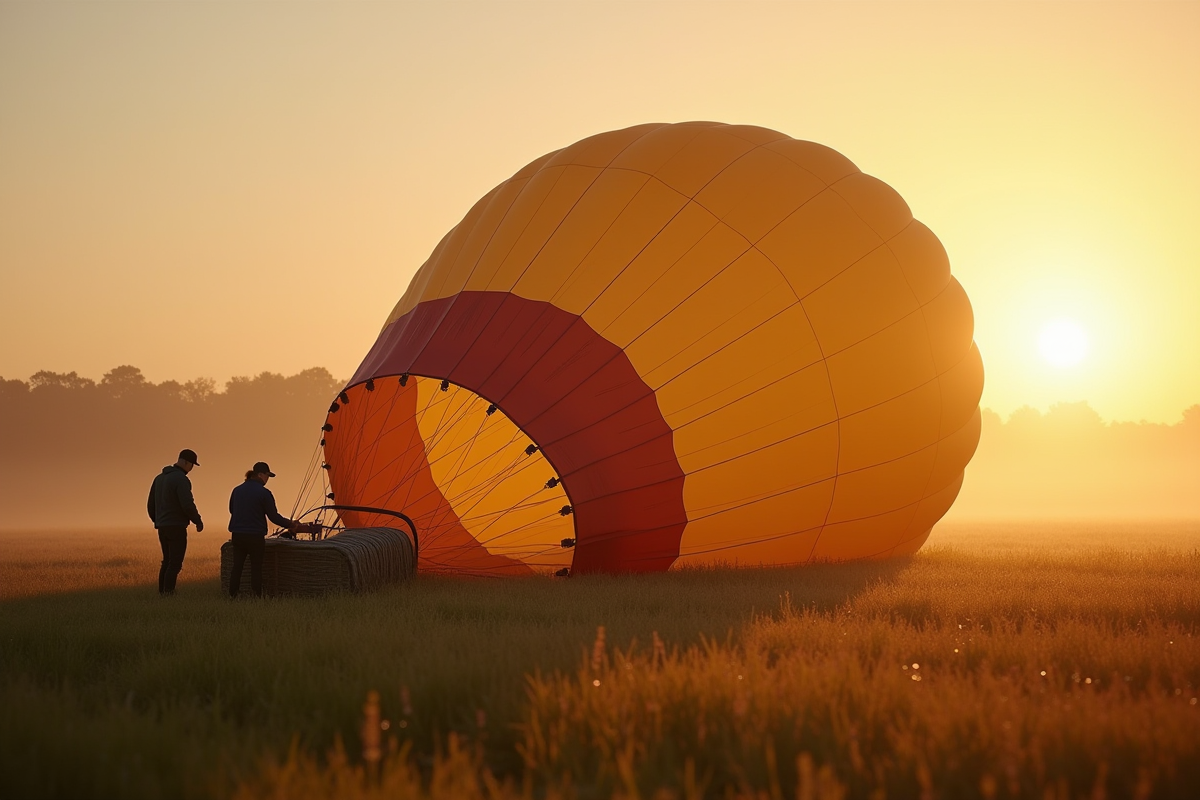 Ballon dégonflé au lever du soleil dans un champ avec deux personnes