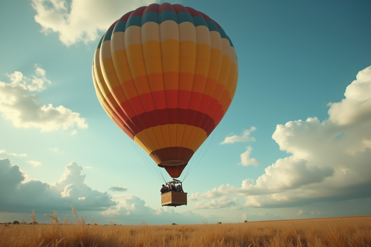 Ballon en difficulté dans le vent avec passagers inquiets dans la nacelle