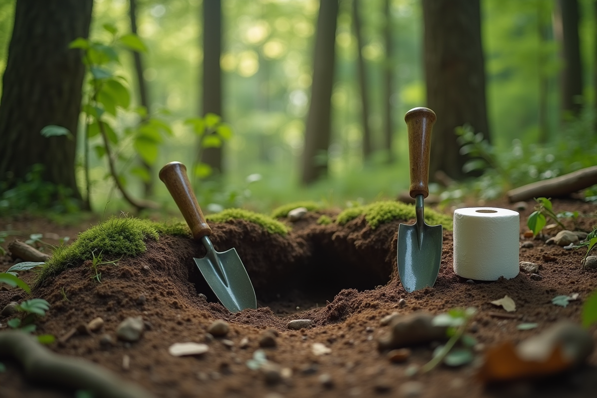 Camping isolé en forêt avec trou de toilette biodégradable