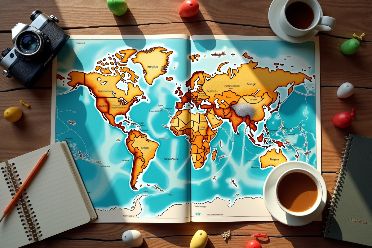 Carte routière ouverte sur une table en bois avec accessoires de voyage