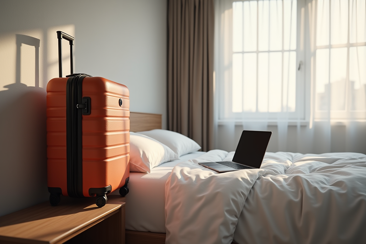 Chambre confortable avec valise et ordinateur sur le bureau