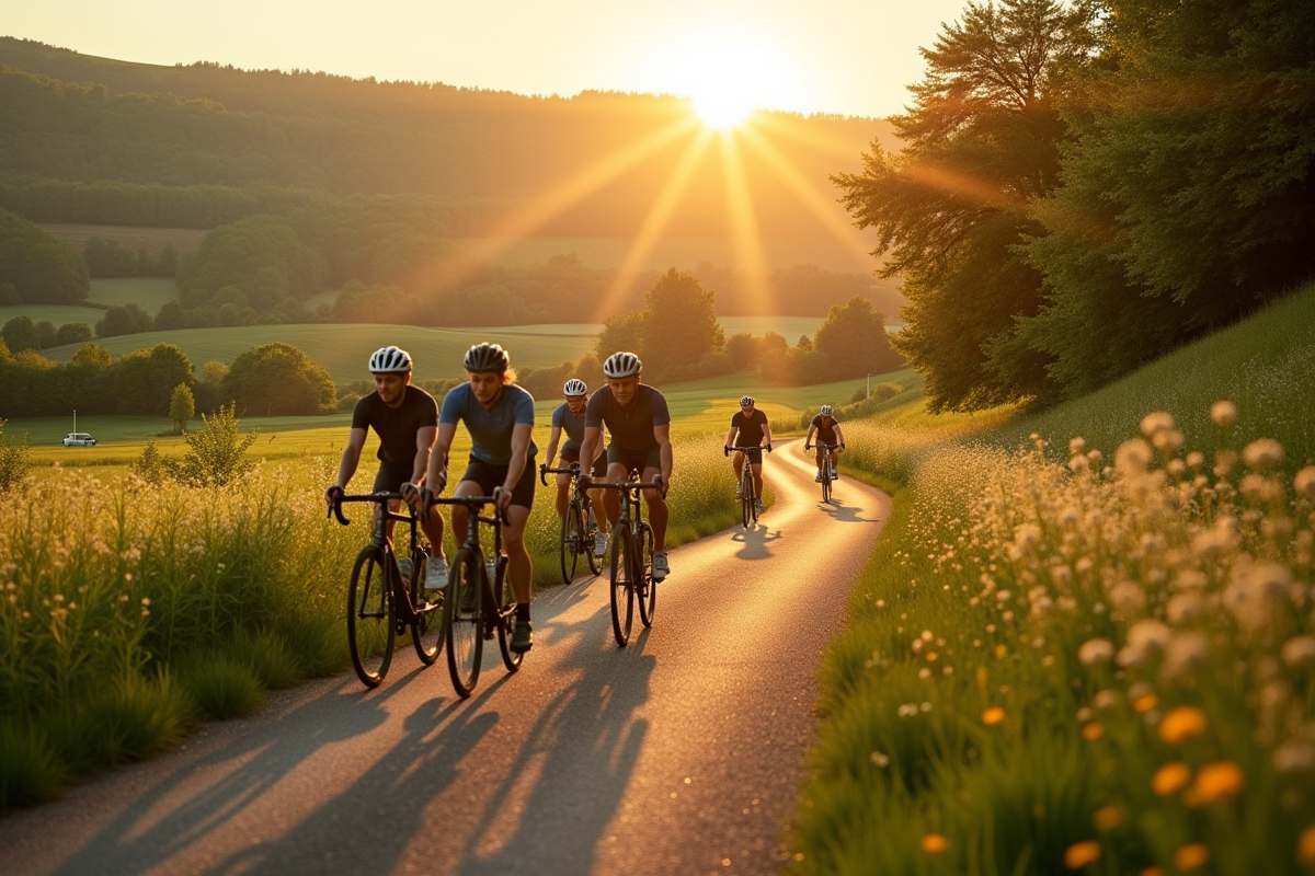 Sentier de campagne avec cyclistes et paysage bucolique