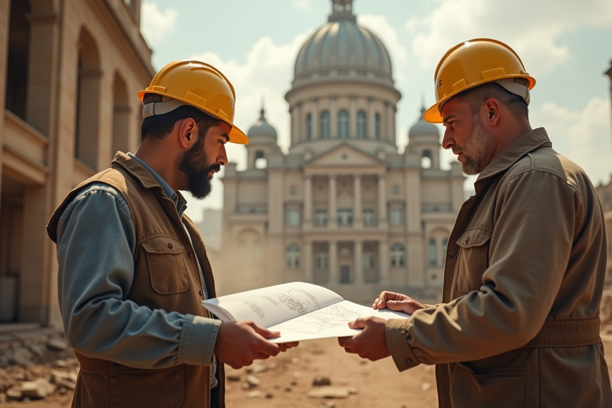 Architectes et ouvriers construisant un hôtel historique