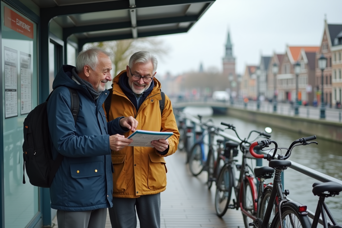 Couple âgé riant devant un arrêt de tram aux Pays-Bas