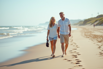 Couple souriant marchant sur la plage belge en été