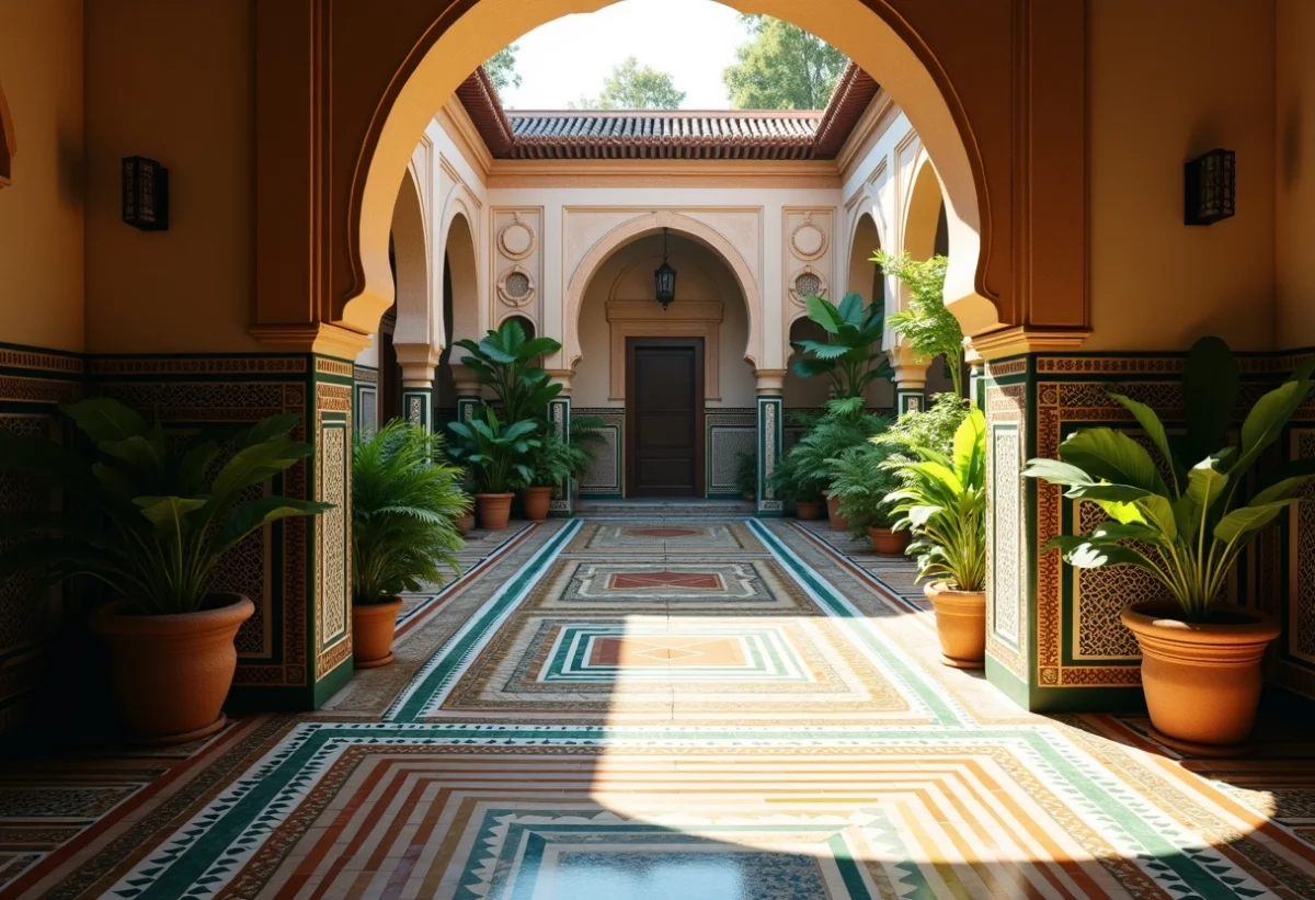 Courtyard oriental avec mosaïques et lumière naturelle