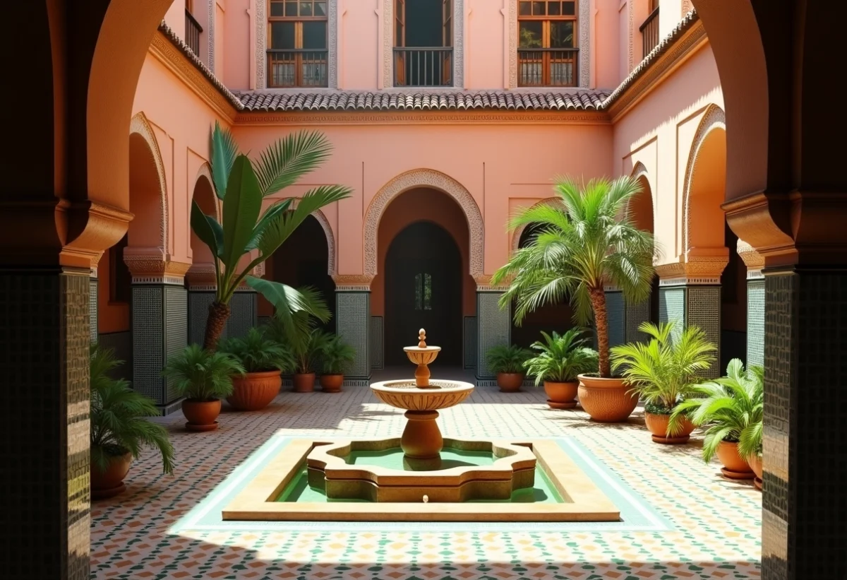 Cour intérieure ensoleillée d'un riad marocain avec zelliges et fontaine