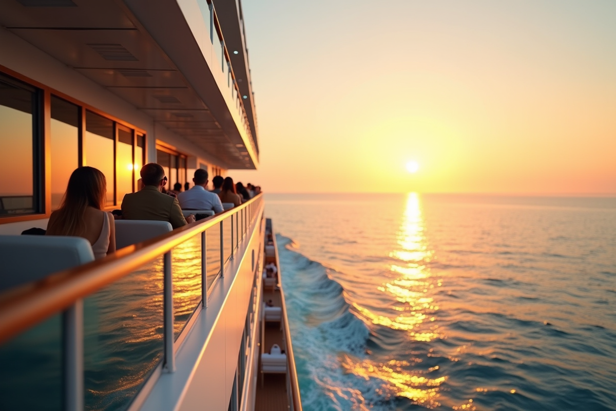 Navire de luxe en mer au coucher de soleil avec passagers élégants