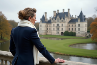 Femme élégante regardant le château de Chaumont sur Loire