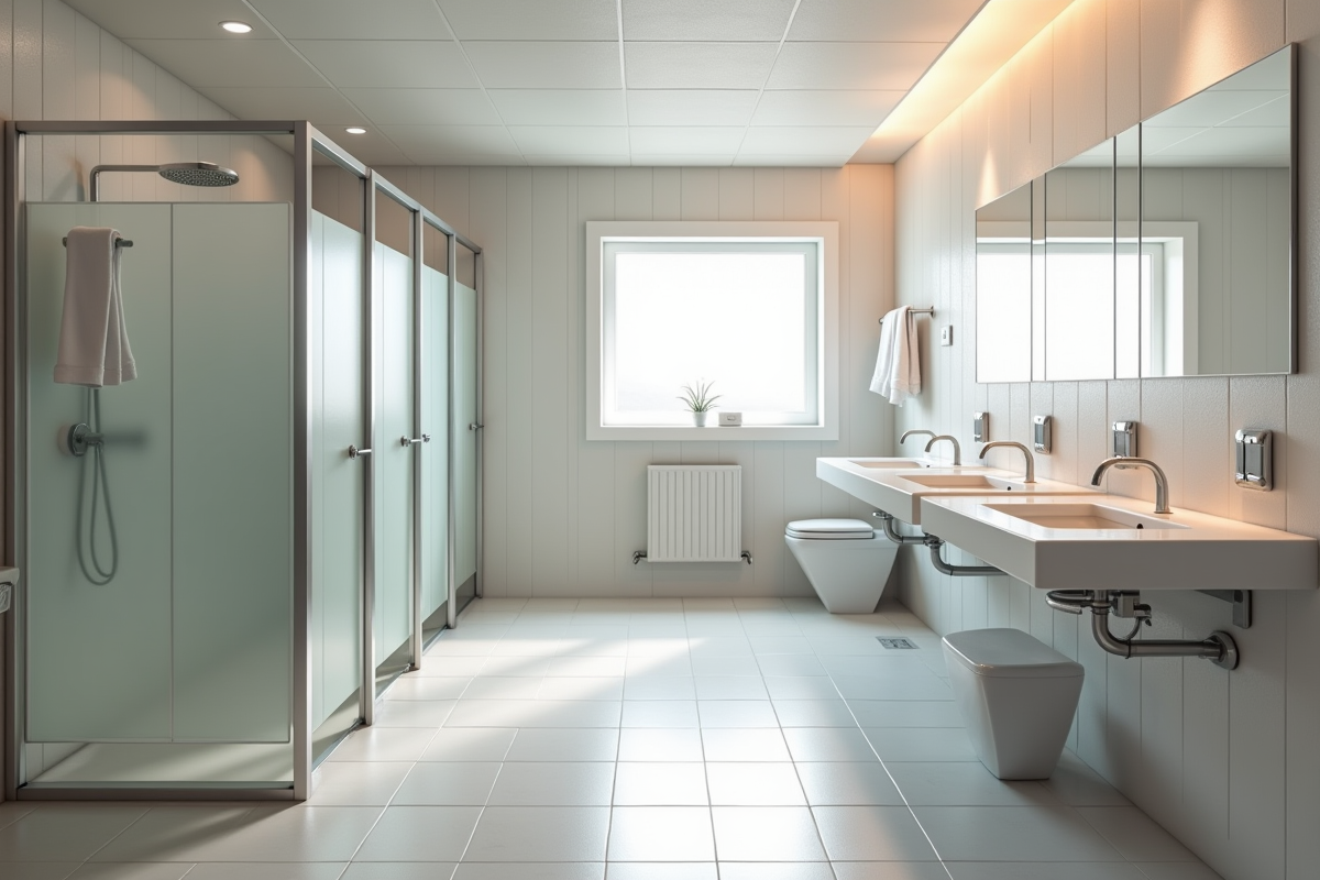 Salle de bain moderne d'auberge de jeunesse lumineuse