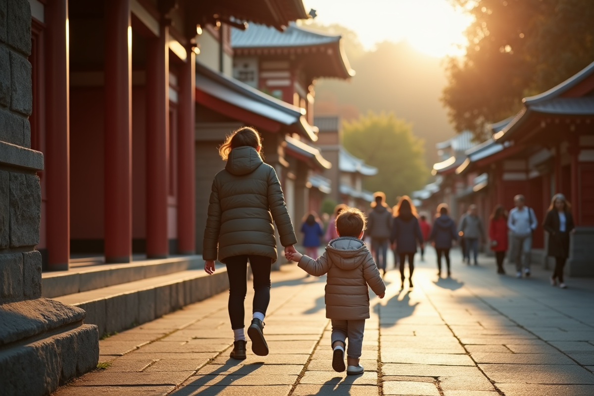 Enfant observant un temple japonais avec parent au matin