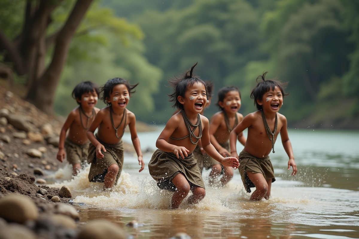 Jeunes enfants tribaux jouant près de la rivière