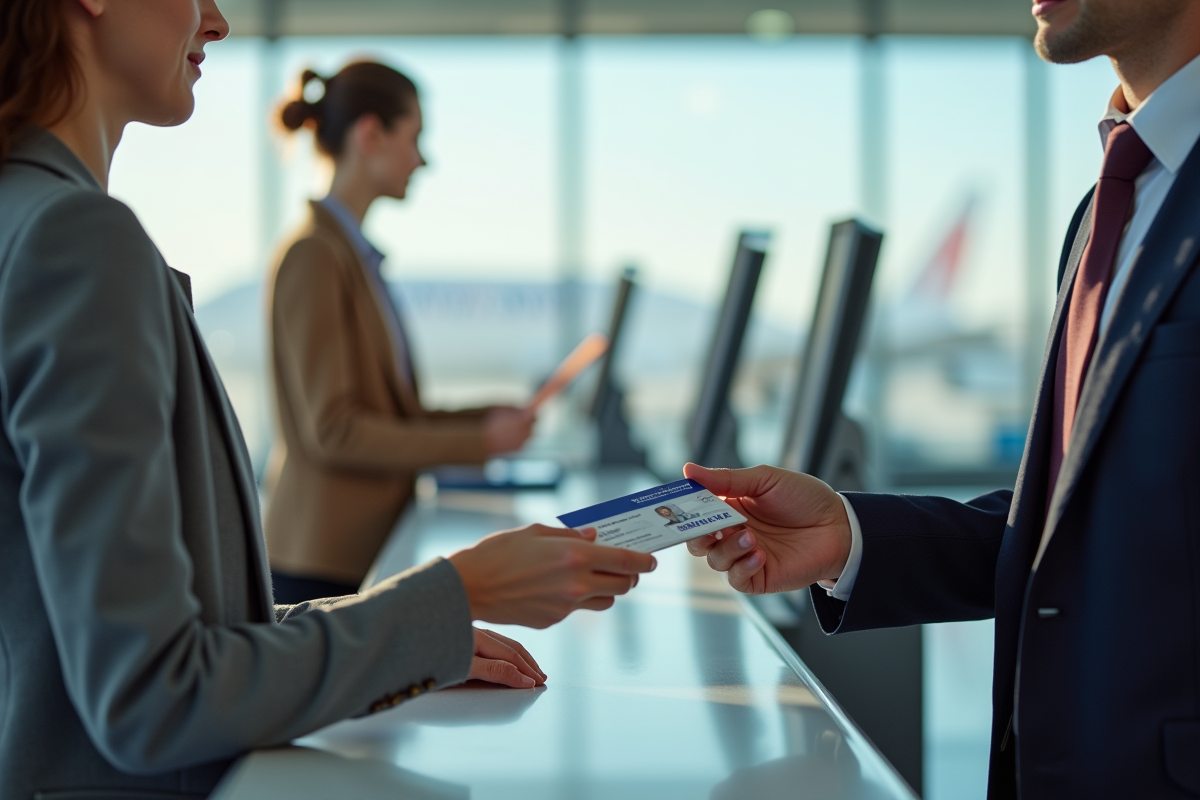 Personne à l'aéroport remettant sa pièce d'identité à un agent