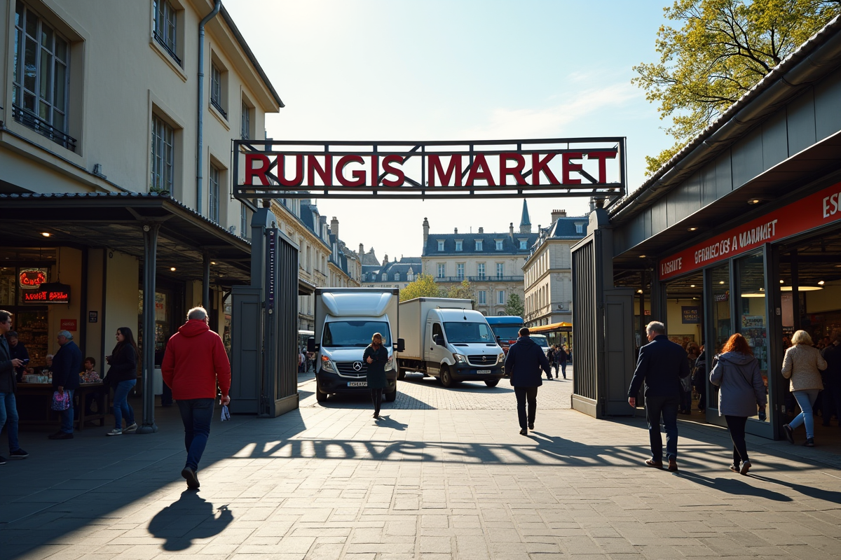 Entrée principale du marche de Rungis avec visiteurs et camions