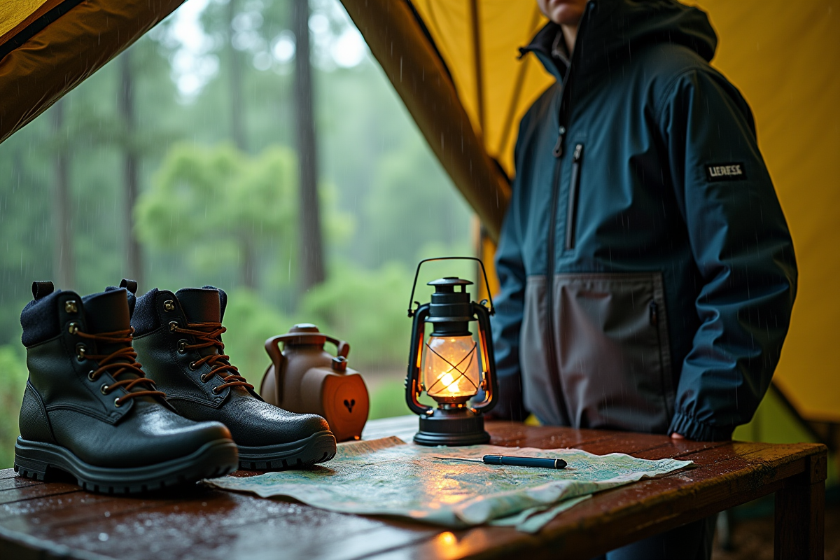 Matériel de camping sous abri en pluie forte