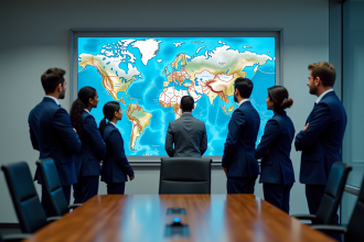 Professionnels de l'aviation en réunion avec carte du monde