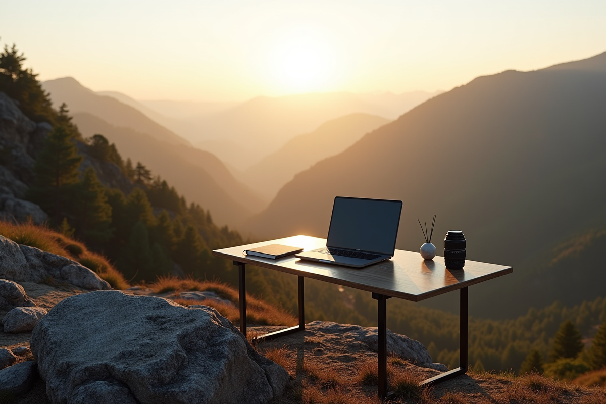 Bureau en plein air avec vue sur la vallée en fin de journée