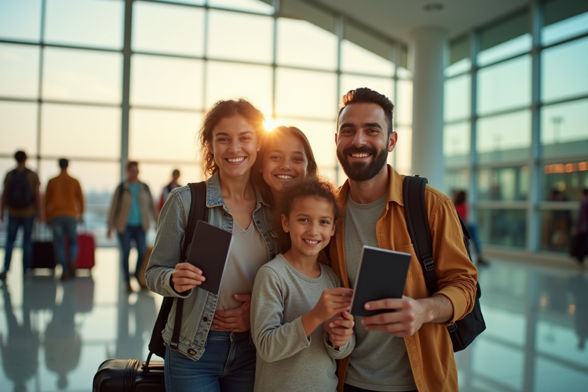 Famille souriante tenant passeports à l