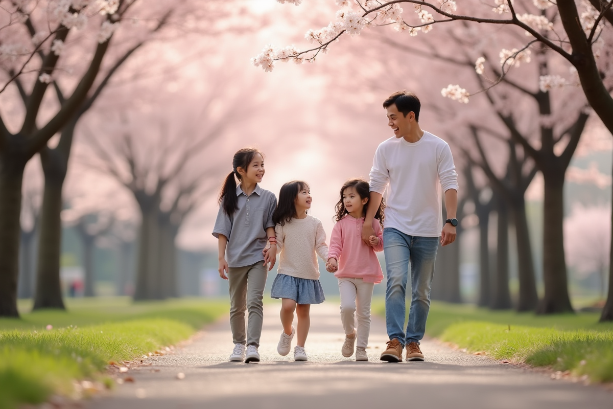 Famille heureuse sous cerisiers en fleurs à Tokyo
