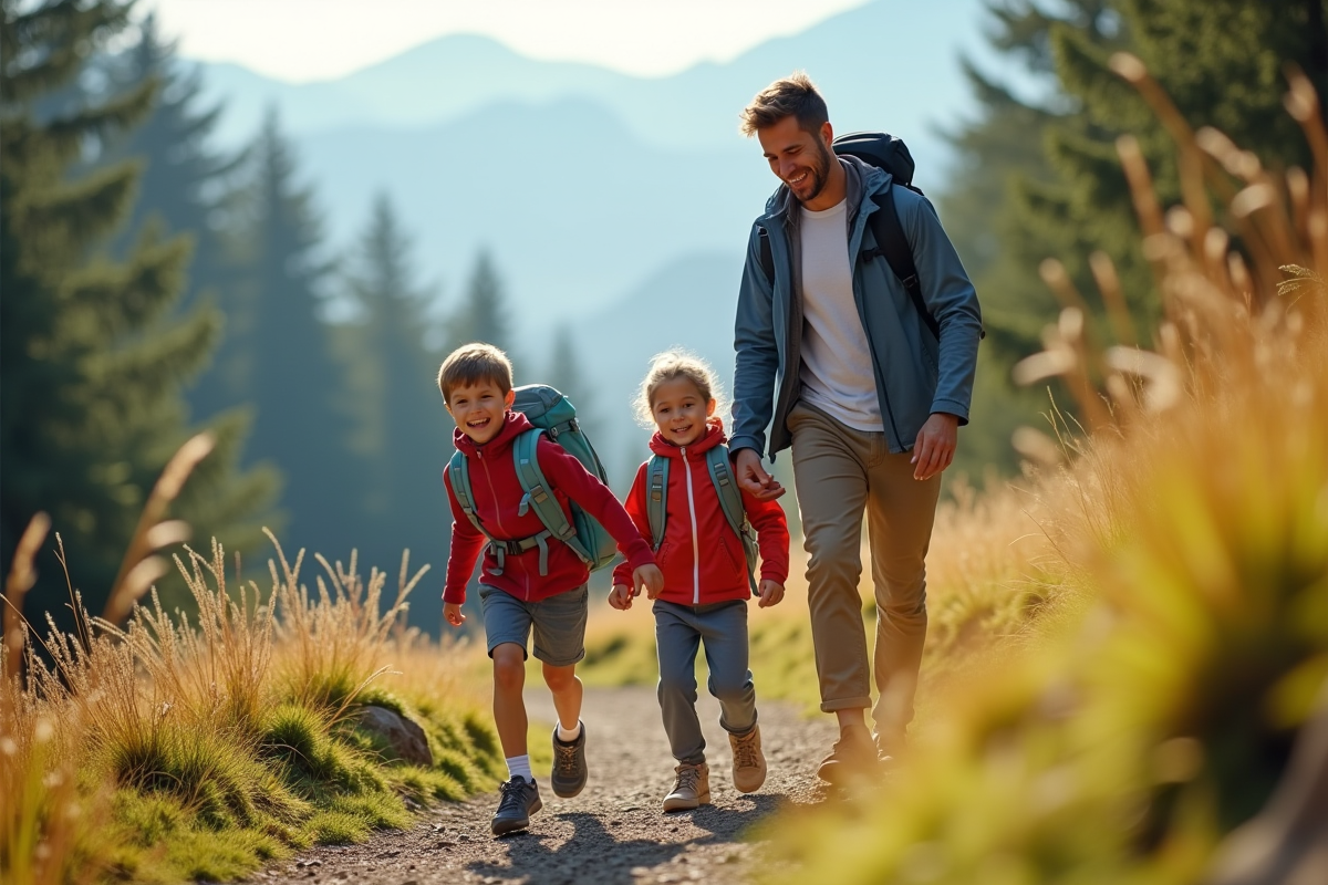 Famille souriante en randonnée en montagne ensoleillée