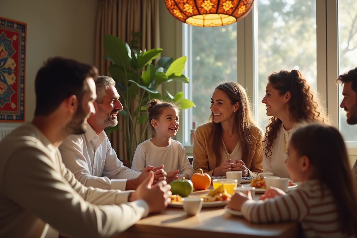 Famille réunie autour d une table dans un salon lumineux