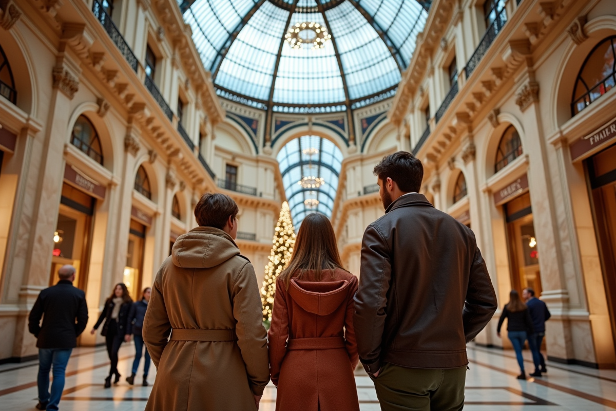 Famille dans un grand magasin avec décor de Noël