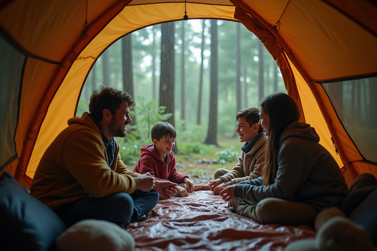 Famille dans une tente moderne sous la pluie en forêt
