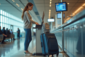 Jeune femme à l'aéroport enregistrement bagages