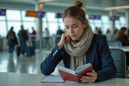 Jeune femme &agrave; l'a&eacute;roport v&eacute;rifiant son passeport