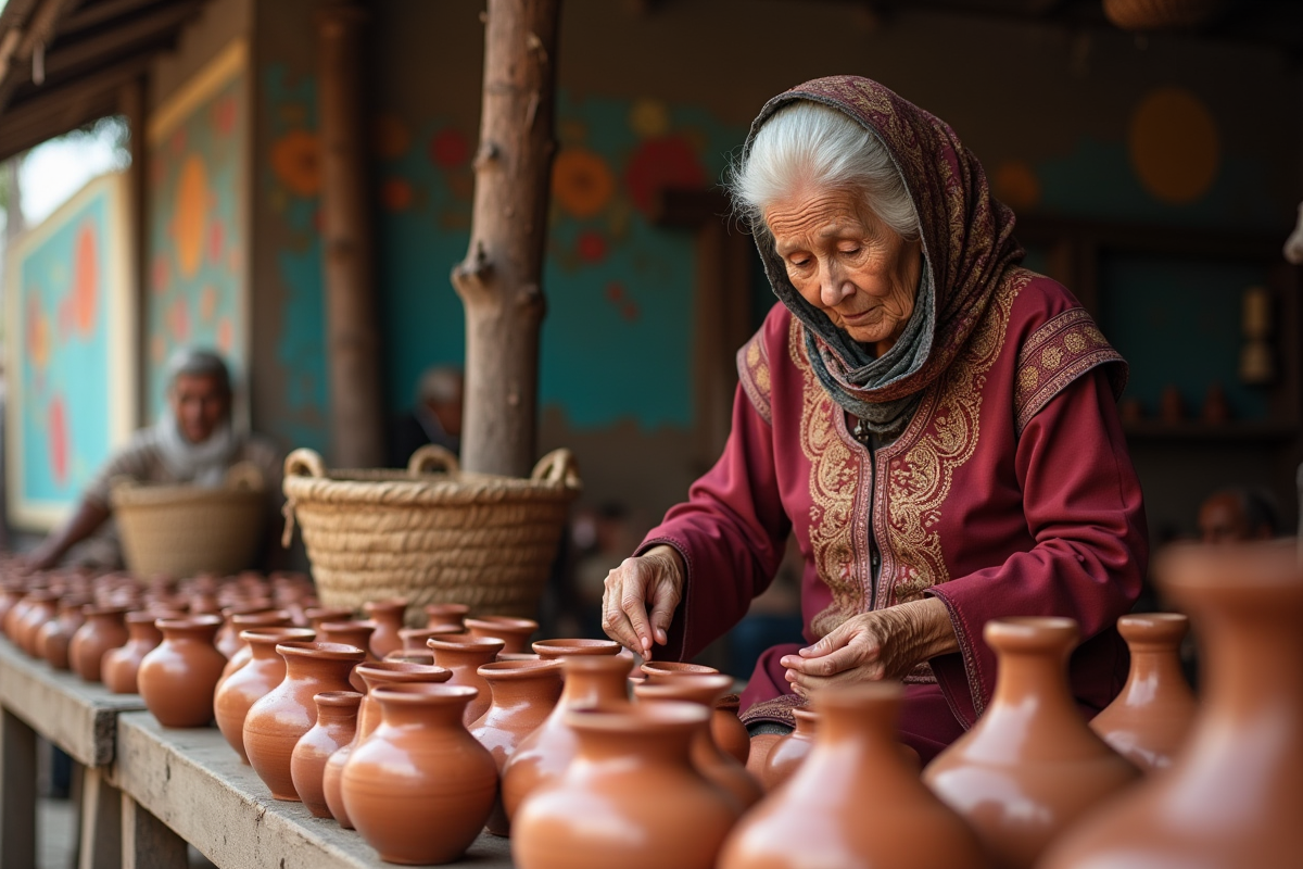 Femme âgée arrangeant des pots en terre cuite dans un marché traditionnel