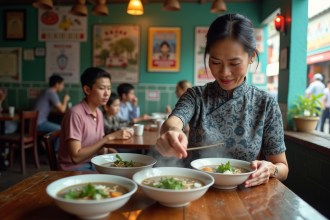Femme vietnamienne en áo dài préparant du pho dans un eatery