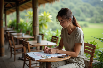 Jeune femme lisant une carte dans un café balinais