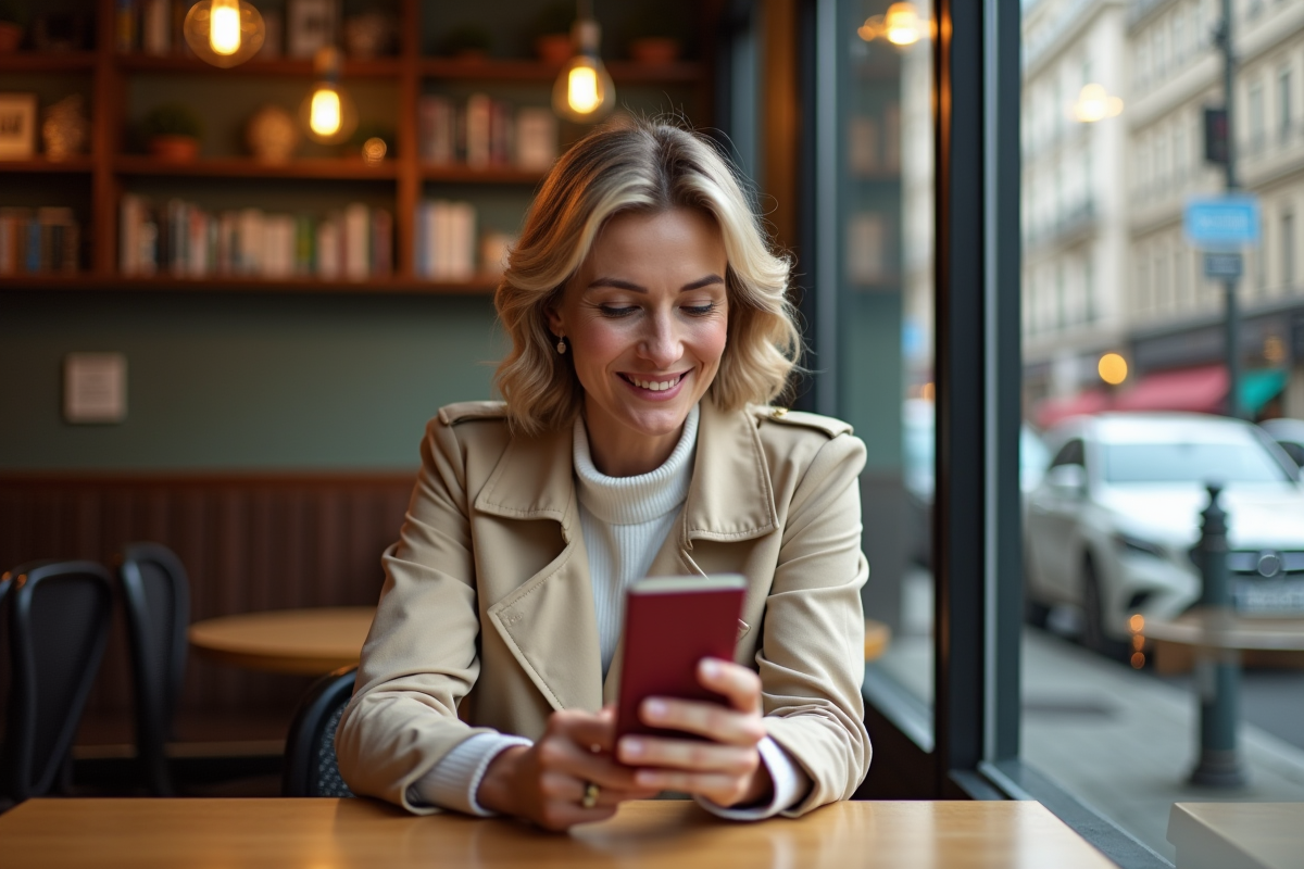 Femme souriante avec passeport dans un café européen