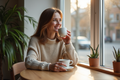 Femme d&eacute;tendue buvant un caf&eacute; dans un int&eacute;rieur scandinave