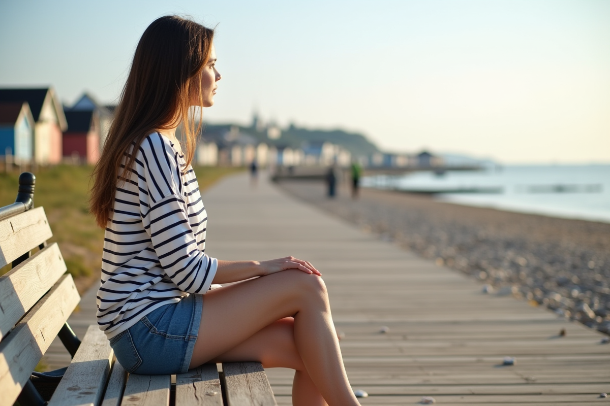 Jeune femme assise sur le quai regardant la ville côtière
