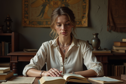 Femme méditant sur un livre ancien avec symboles ésotériques