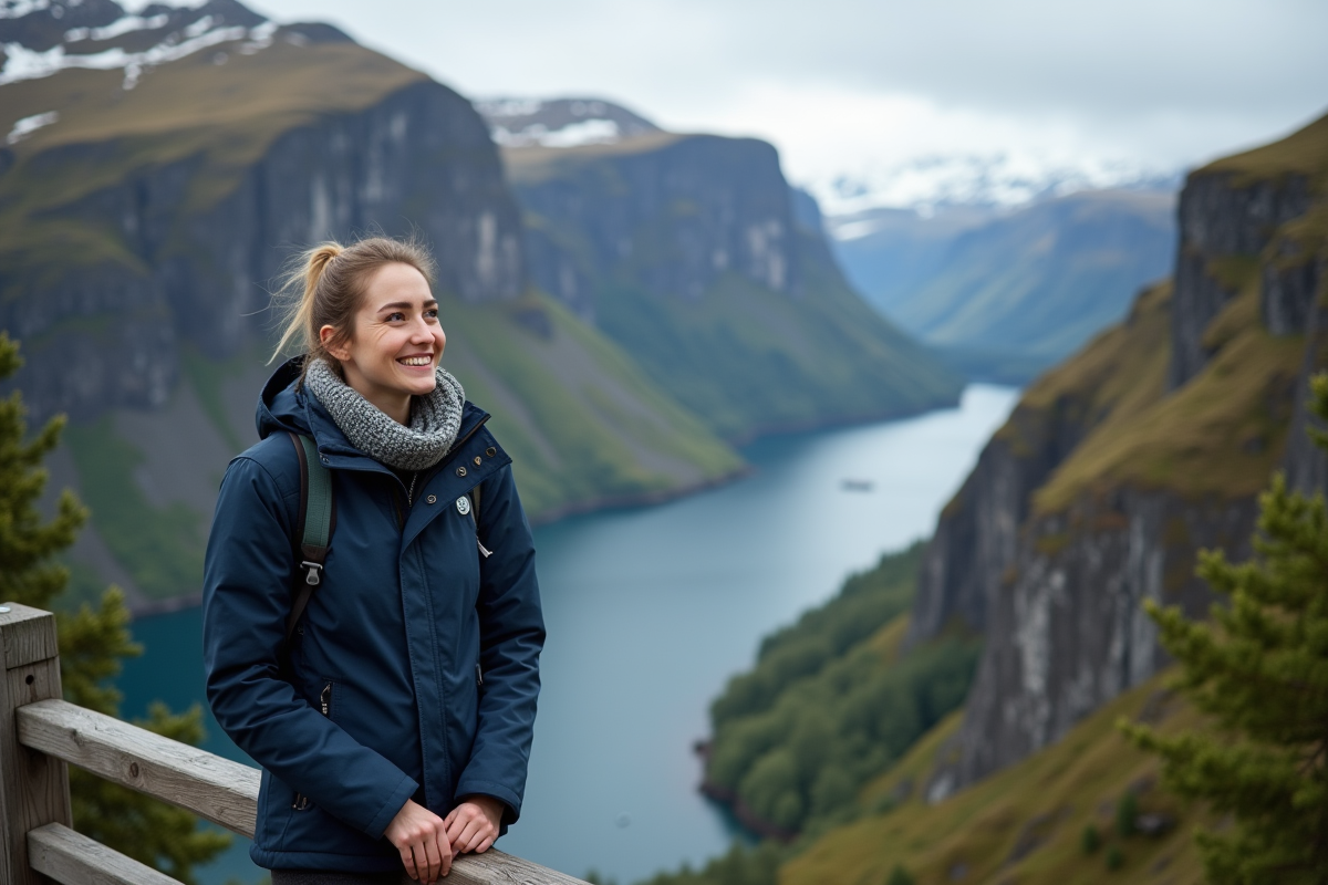 Jeune femme souriante au bord d'un fjord spectaculaire