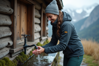 Femme en randonnée lavant ses mains à une source en montagne