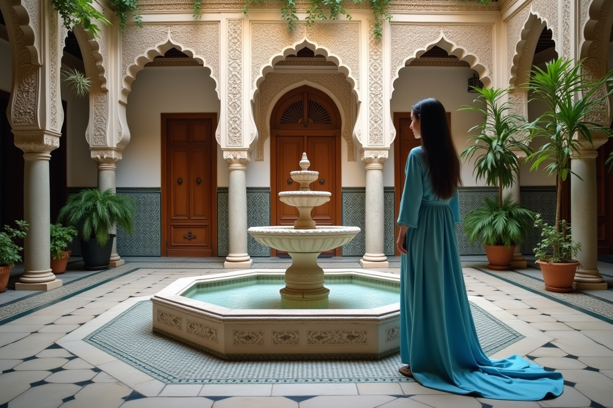 Jeune femme marocaine admirant une fontaine dans un riad