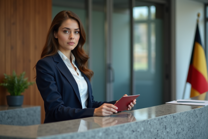 Femme présentant son passeport au consulat belge