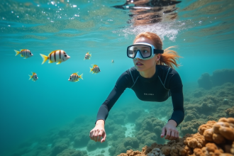 Jeune femme en combinaison de plongée observe un récif corallien coloré