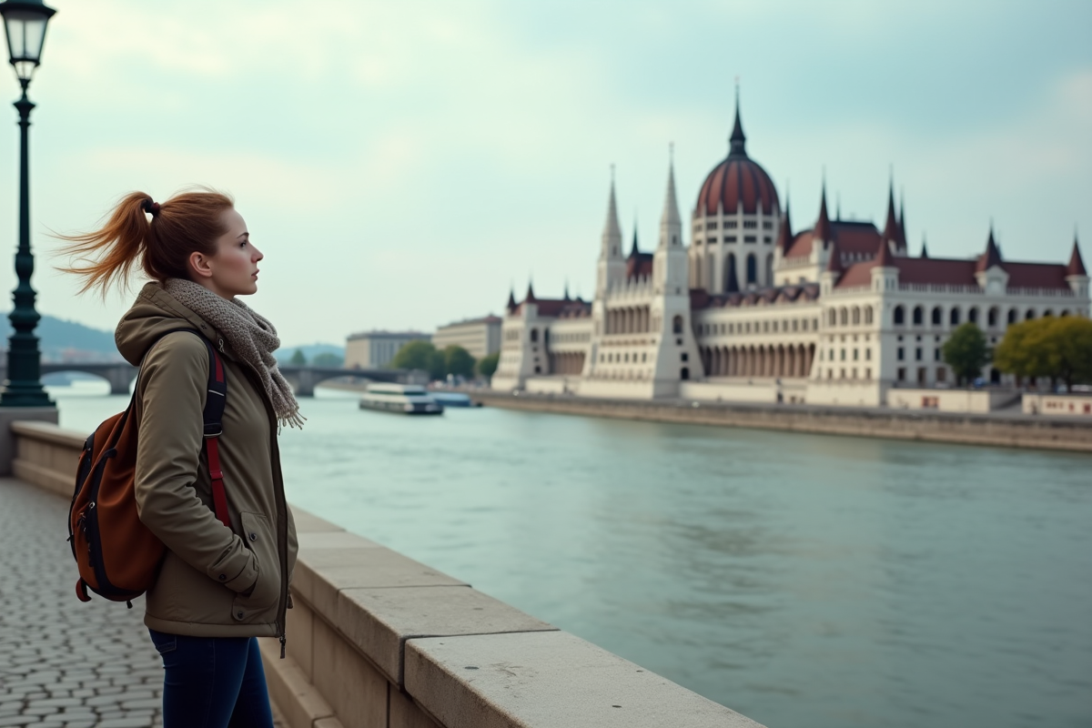 Jeune femme regardant le Parlement depuis la promenade du Danube