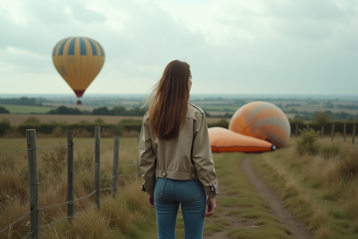 Jeune femme observant un ballon dégonflé dans un champ rural